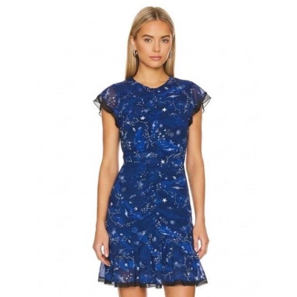 Three Floor Afterglow Blue Celestial Star Open Back Ruched Whimsigoth Dress 10
